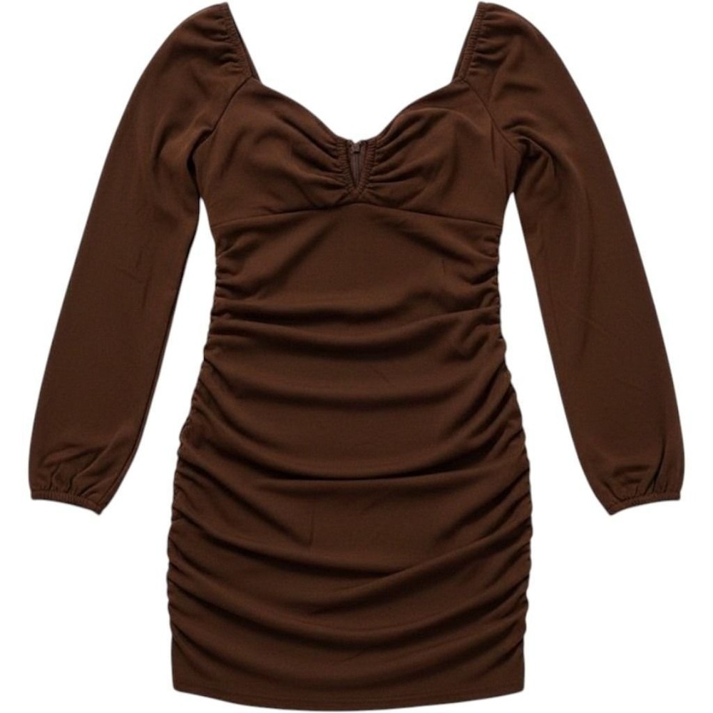 Guess Womens Brown Mesh Ruched Long Sleeve Bodycon Mini Dress Large